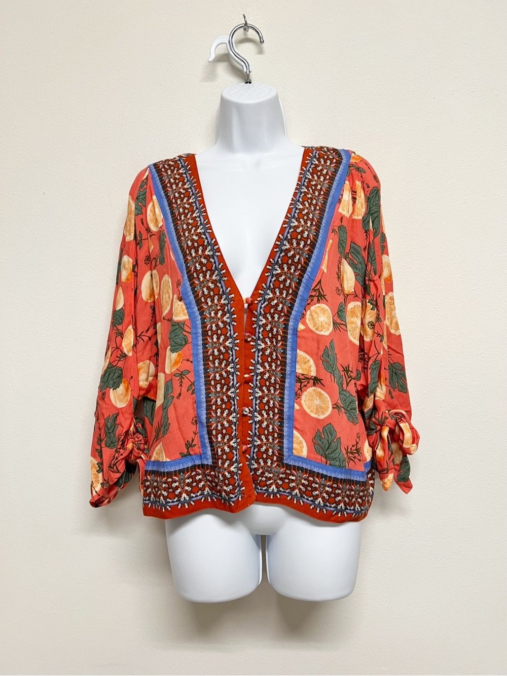 Free People Coral Orange Freshly Squeezed V Neck Kimono Bow Sleeve Top Size S